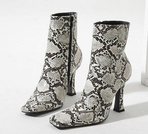 Newest Snake Print Square Toe Ankle Boots