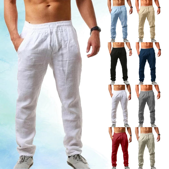 Men Cotton Linen Solid Color Pants