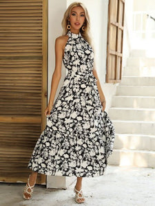 Women Halter Sleeveless Slit Print Dress