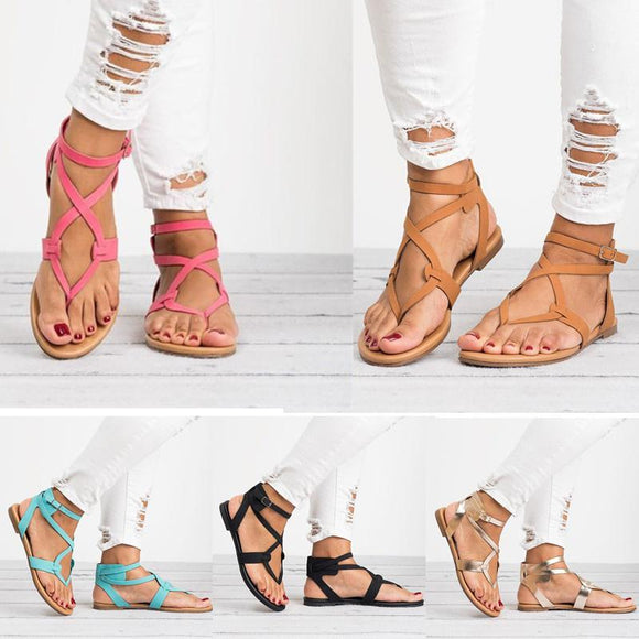 Flat Buckle Sandals Cross Bandage Hollow Solid Color