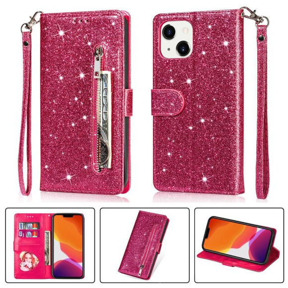 For iPhone 13 Pro Max iPhone 12 Bright Flashing Zipper Leather Case Card