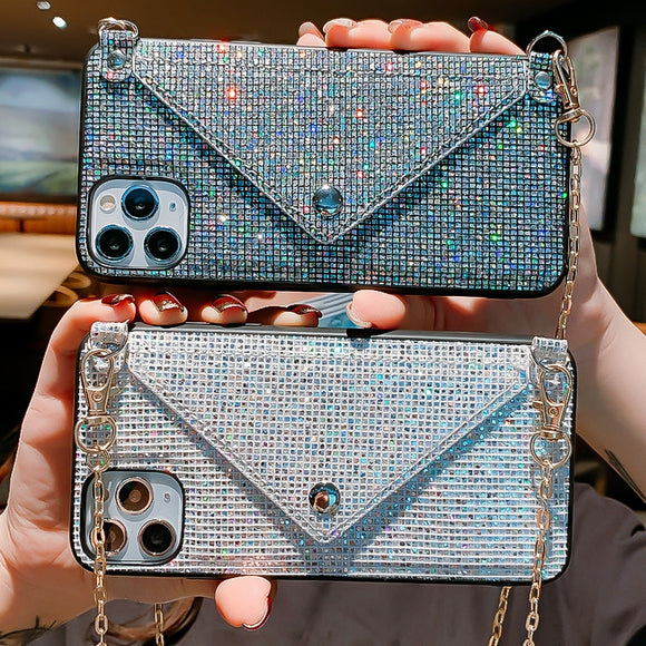 Glitter Luxury Diamond Wallet Card Phone Case For iPhone 12 Shining Crossbody Cover With Chain