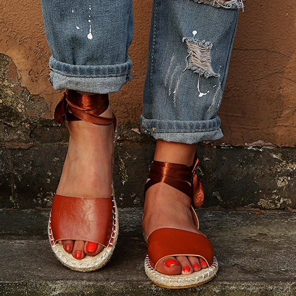 Sandals - Flat Sandals Women Peep Toe Ankle Strap Roman Shoes