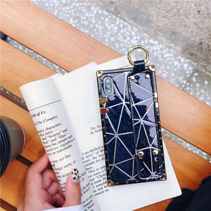 Fashion Metal Square Laser Cover Cases with Wrist Strap for iPhone X XR XS MAX