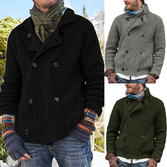 Men Solid Double Breasted Lapel Sweaters
