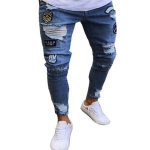 Men Stretchy Ripped Skinny Print Jeans