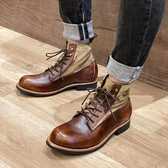 Men Leather Lace Up Retro Ankle Boots