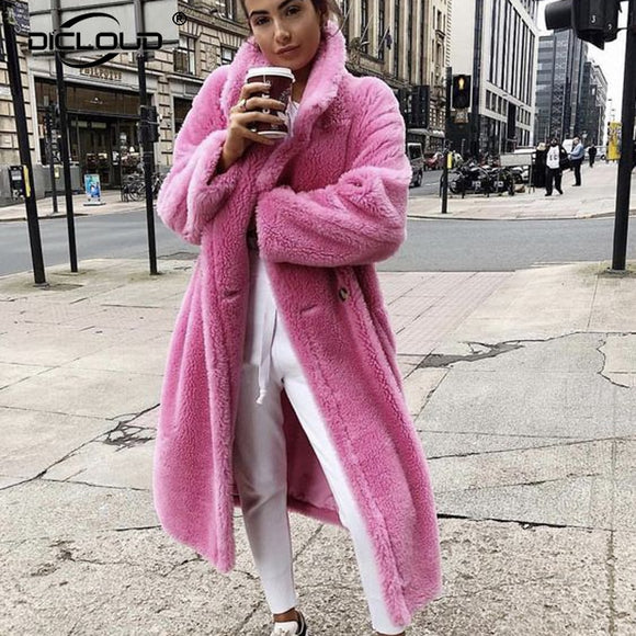 Women Pink Long Teddy Bear Coat  ( 💥Over $99+ ,Code SAVE10🛒)