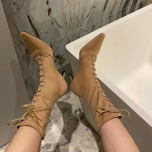 Woman Cross Tied Lace Up Sock Ankle Boots