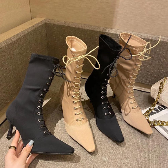 Woman Cross Tied Lace Up Sock Ankle Boots