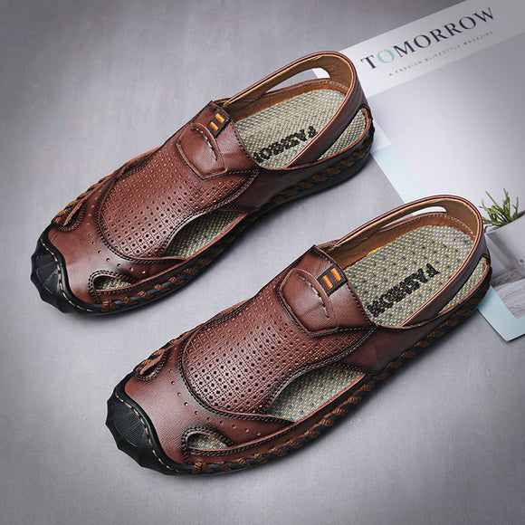 Men Leather Non-slip Flats Sandals