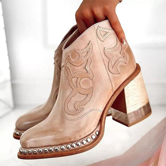 Women Square Heel Embroidered Short Boots