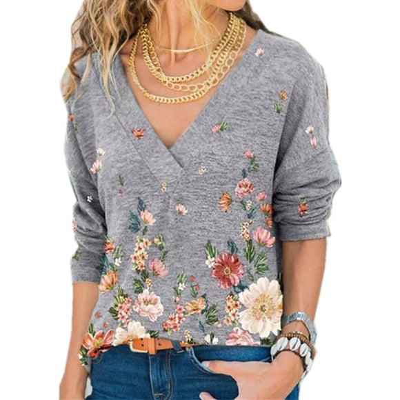 Women V-neck Flower Print Long-sleeved T-shirt
